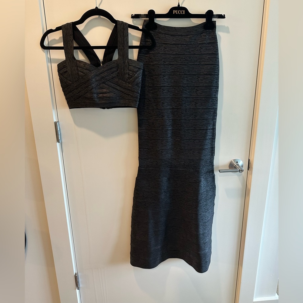 Herve Leger Style Metallic Black Short Shirt and Long Skirt (set)